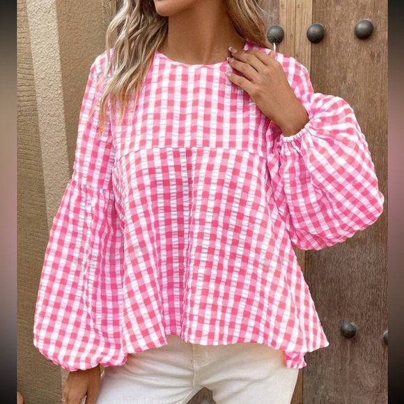 Boho Gingham Peplum Top Blouse Shirt Pink White - Picture 2 of 11